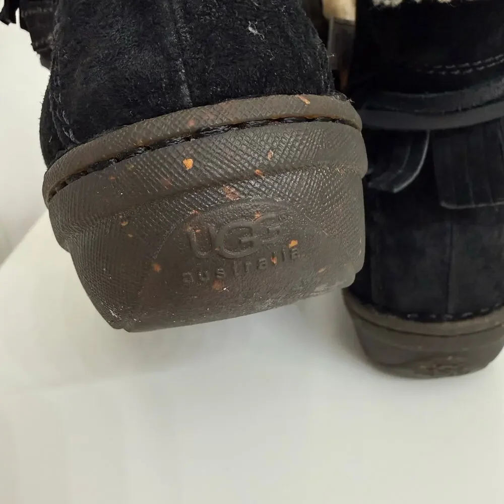 UGG Gaviota Boots Suede Fringe Shearling Wrap Ties Black Sz 9 Casual Boho Cozy - Picture 9 of 9